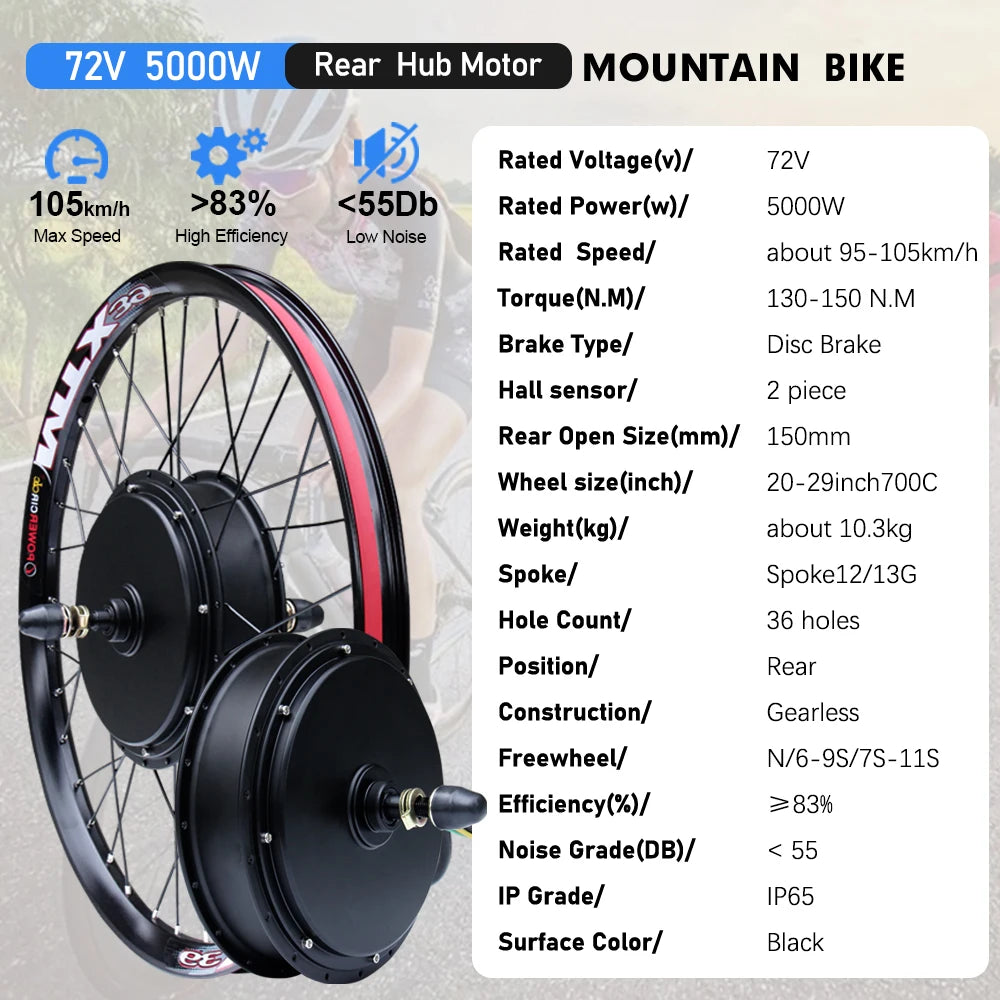 72V 5000W Rear Hub Motor E-Bike Conversion Kit (20"-29")