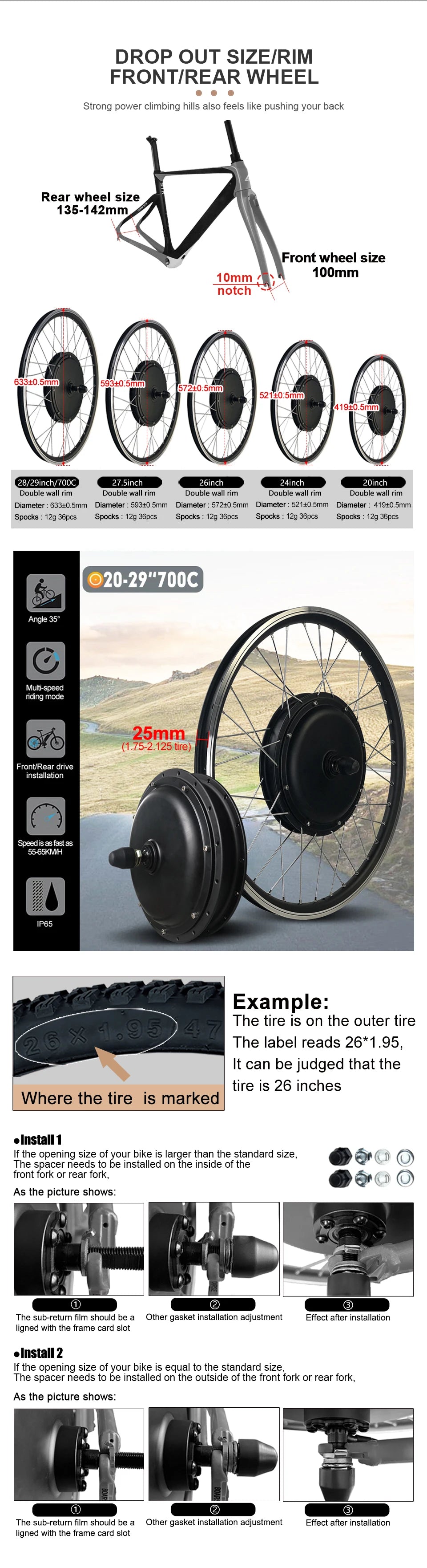 52V 2000W Rear Hub Motor E-Bike Conversion Kit (20"-29")