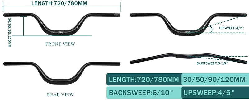 BUCKLOS MTB Riser Handlebar 31.8mm, 720/780mm, 30-120mm Rise, Aluminum Alloy