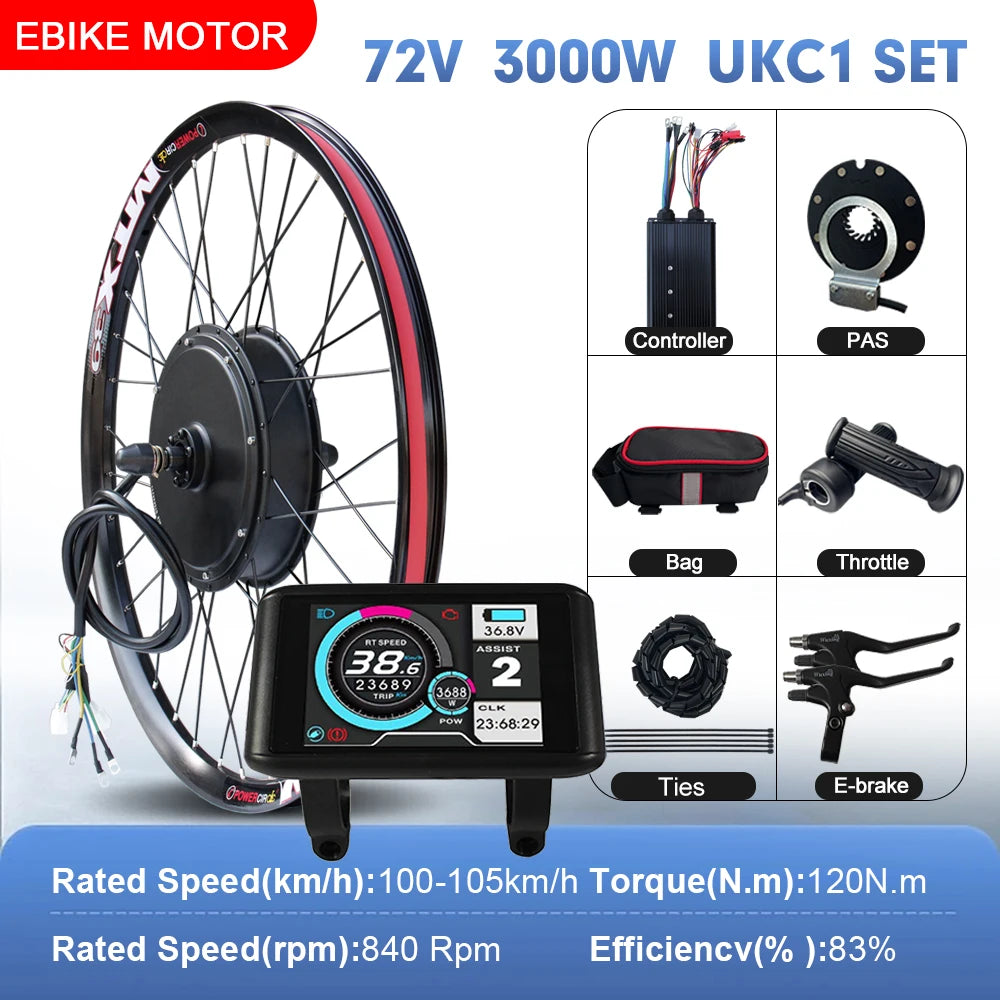 72V 3000W Rear Hub Ebike Conversion Kit – MTX39 Rim, High-Speed Performance