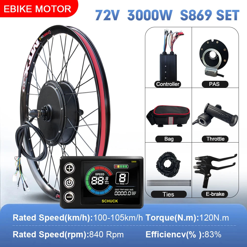 72V 3000W Rear Hub Ebike Conversion Kit – MTX39 Rim, High-Speed Performance