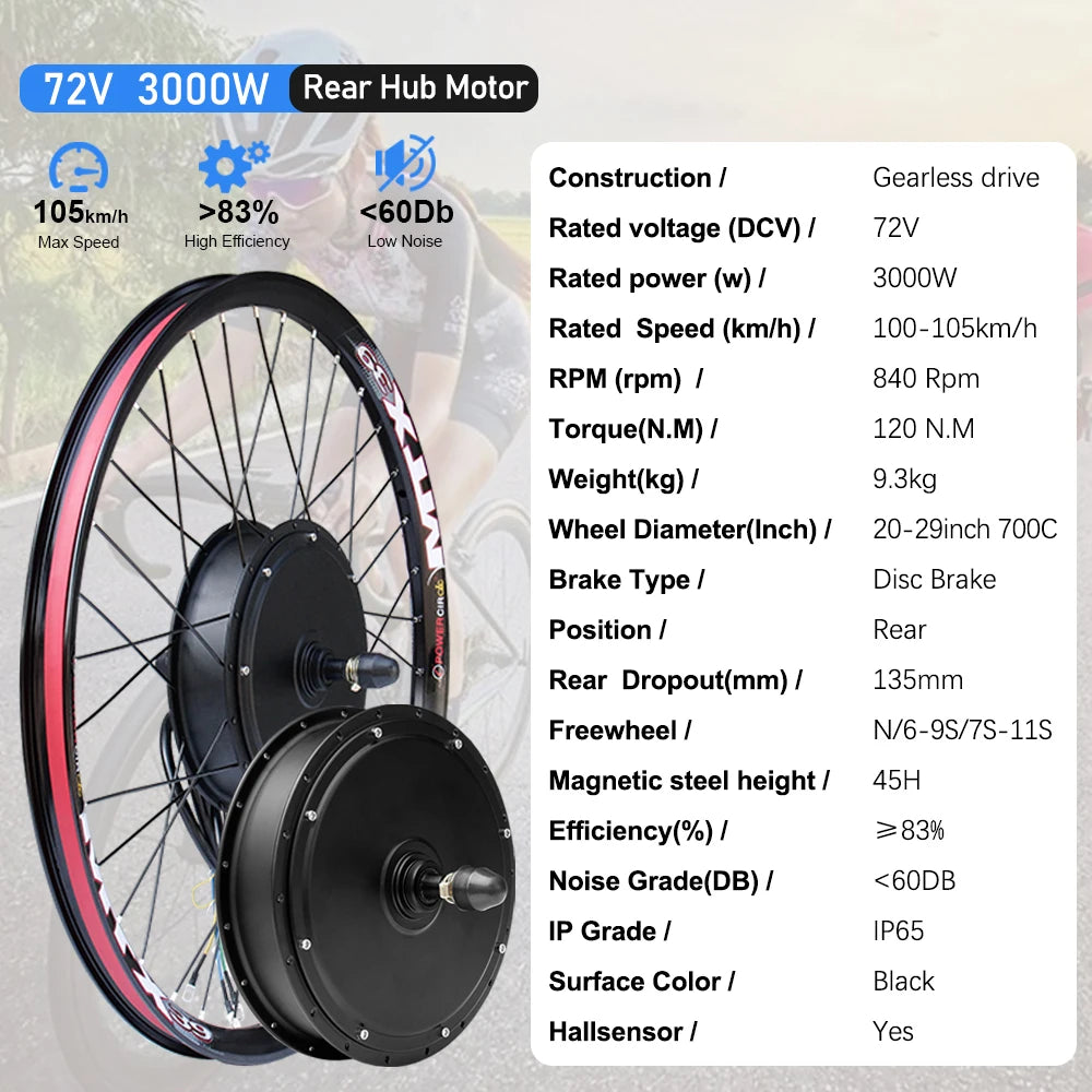 72V 3000W Rear Hub Ebike Conversion Kit – MTX39 Rim, High-Speed Performance