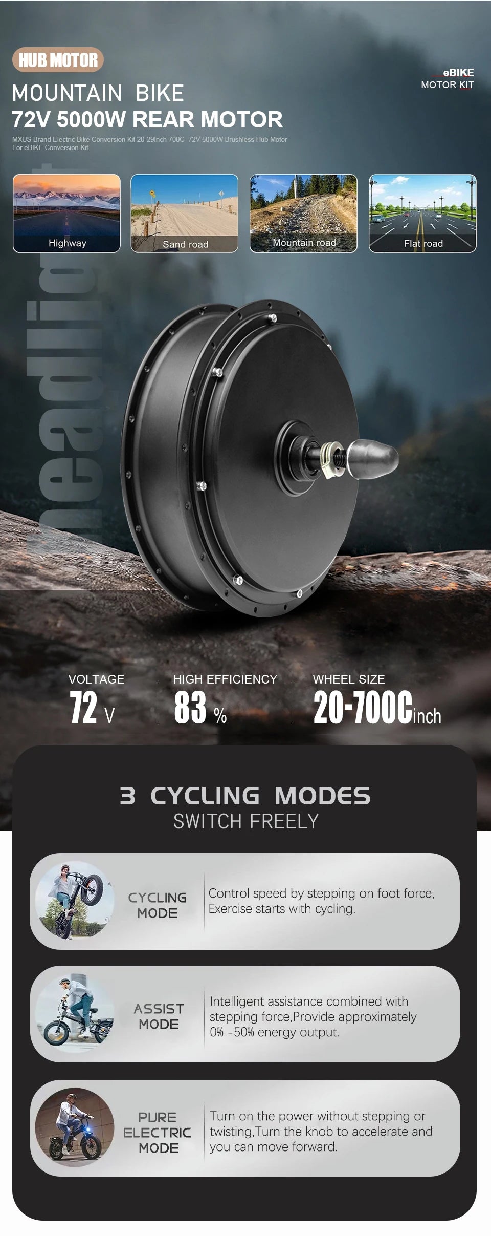 72V 5000W Rear Hub Motor E-Bike Conversion Kit (20"-29")