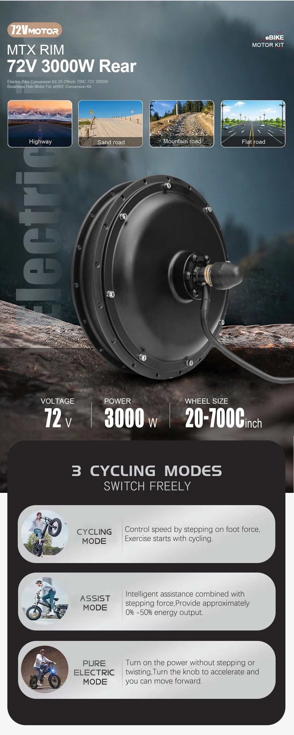 72V 3000W Rear Hub Ebike Conversion Kit – MTX39 Rim, High-Speed Performance