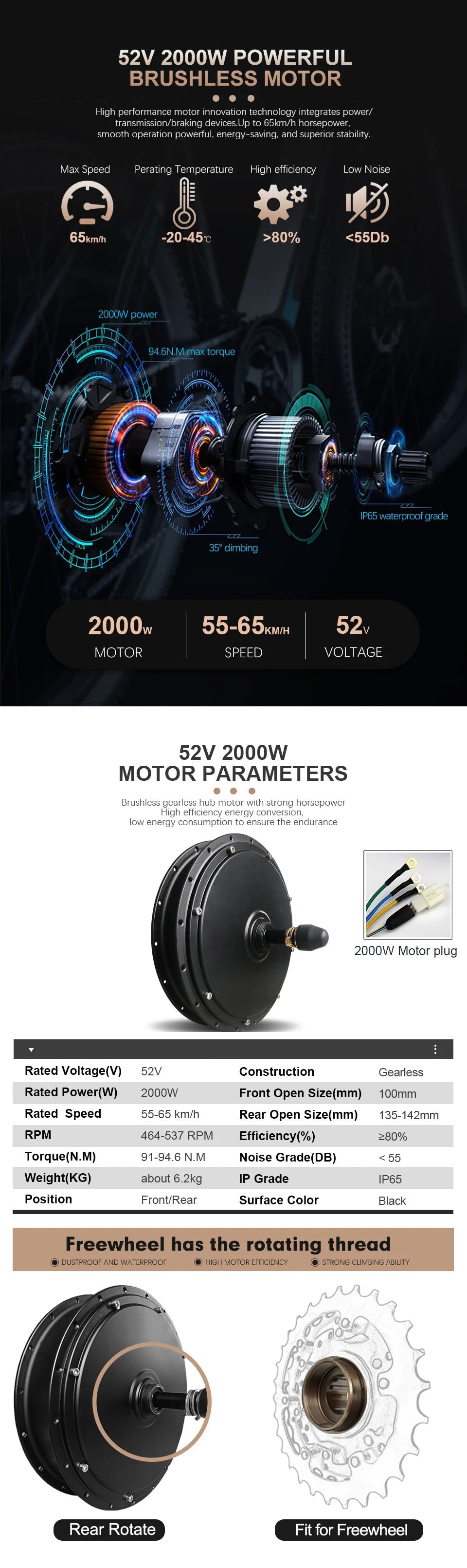 52V 2000W Rear Hub Motor E-Bike Conversion Kit (20"-29")