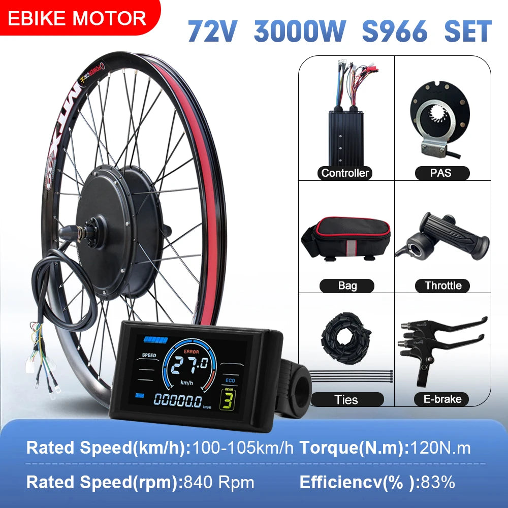 72V 3000W Rear Hub Ebike Conversion Kit – MTX39 Rim, High-Speed Performance