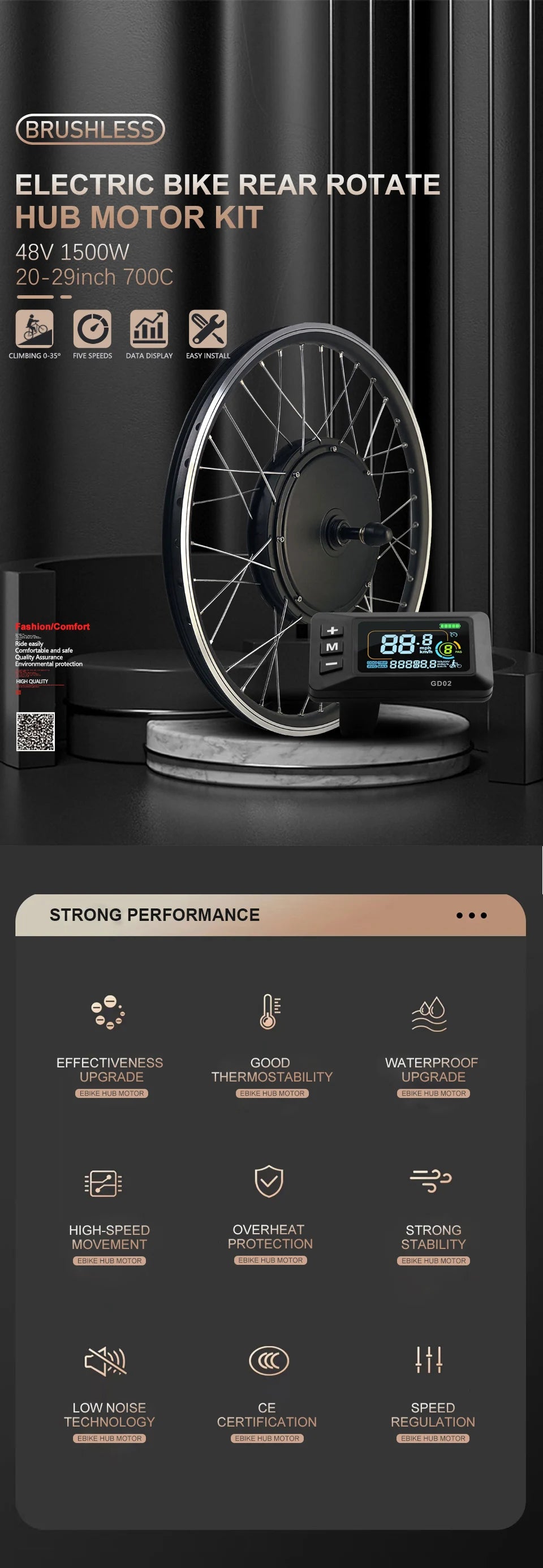 48V 1500W Rear Hub Motor E-Bike Conversion Kit