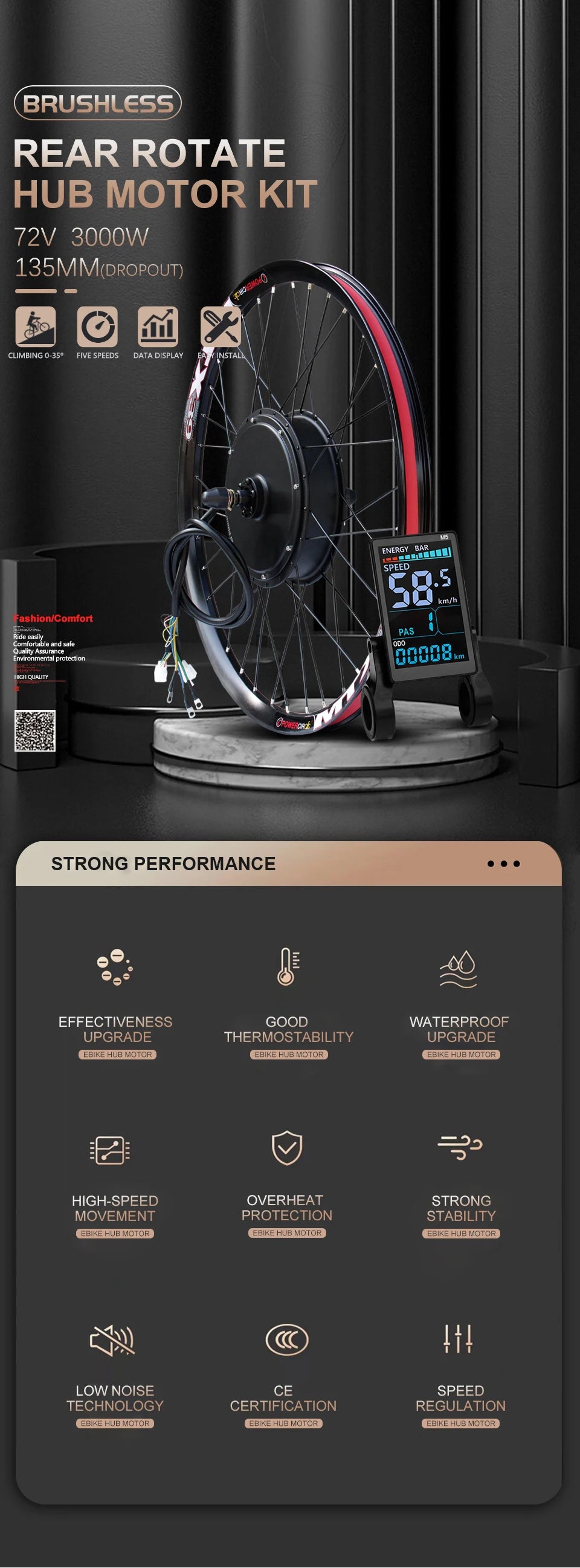 72V 3000W Rear Hub Ebike Conversion Kit – MTX39 Rim, High-Speed Performance