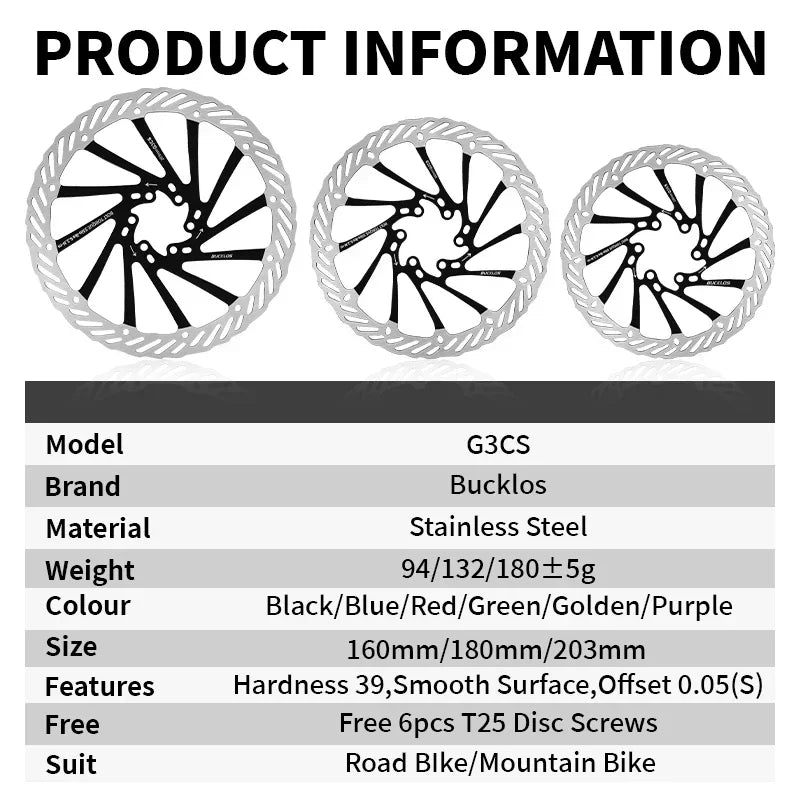 BUCKLOS Ultralight MTB Hydraulic Disc Brake Rotor — 160/180/203mm with 6 Bolts