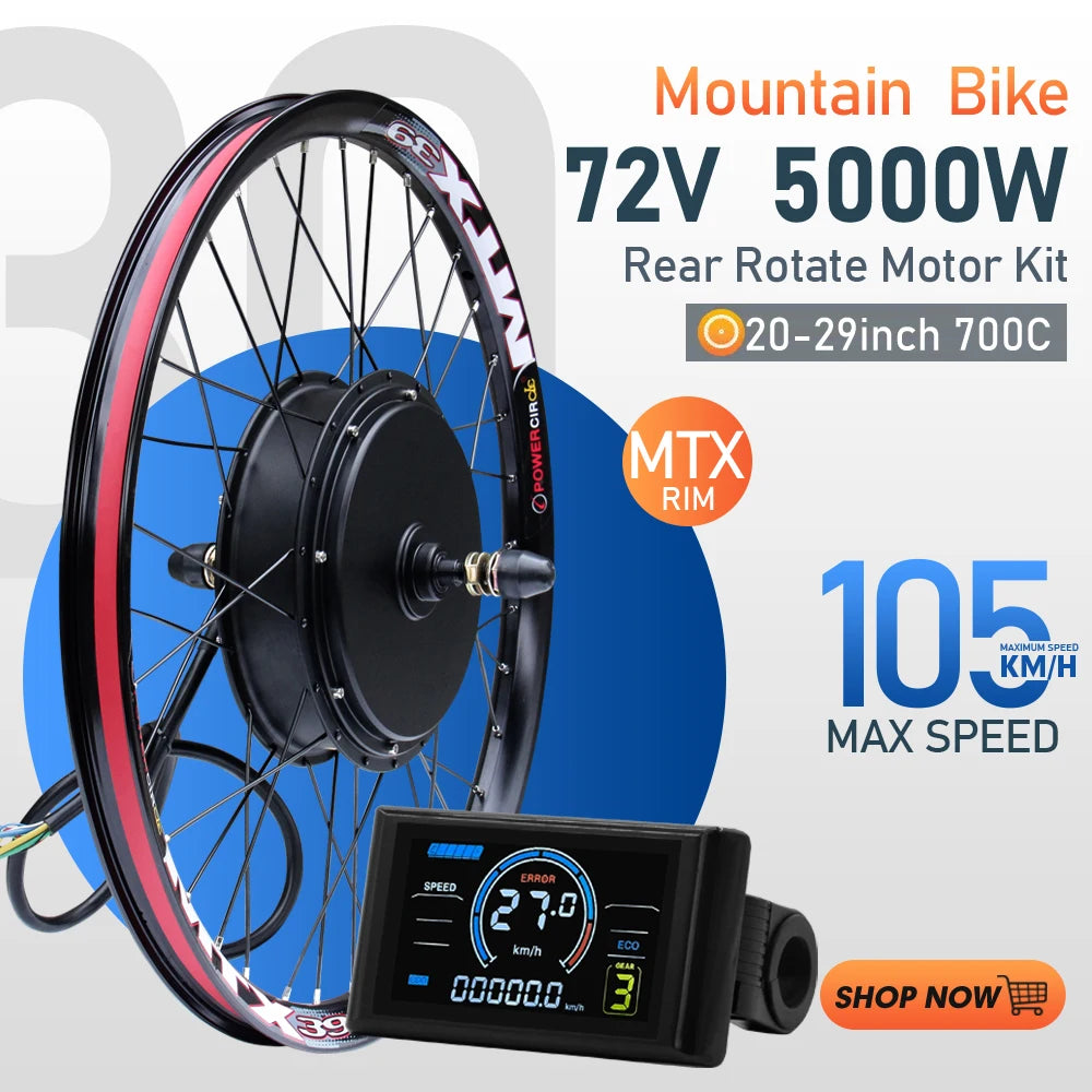 72V 5000W Rear Hub Motor E-Bike Conversion Kit (20"-29")