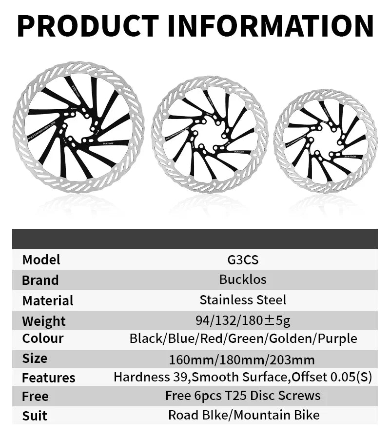 BUCKLOS Ultralight MTB Hydraulic Disc Brake Rotor — 160/180/203mm with 6 Bolts