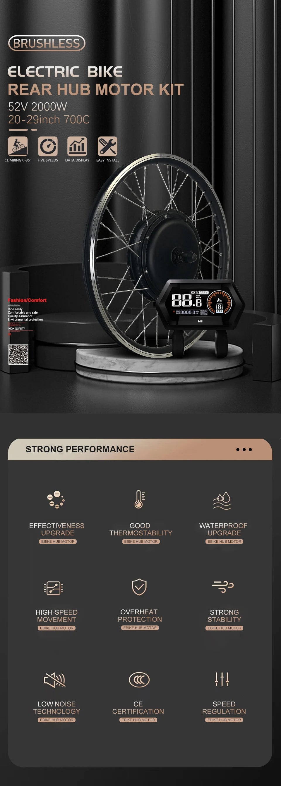 52V 2000W Rear Hub Motor E-Bike Conversion Kit (20"-29")