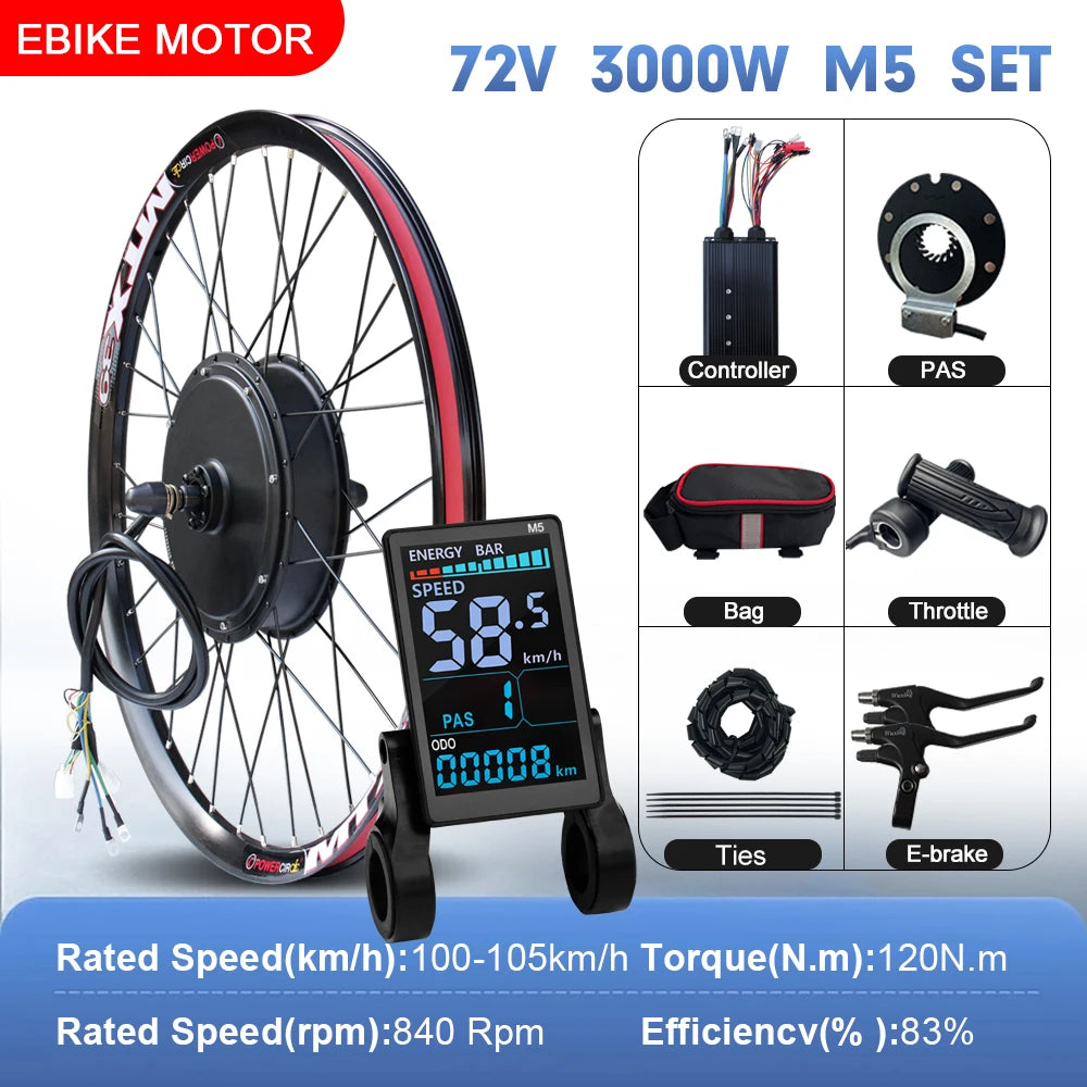 72V 3000W Rear Hub Ebike Conversion Kit – MTX39 Rim, High-Speed Performance