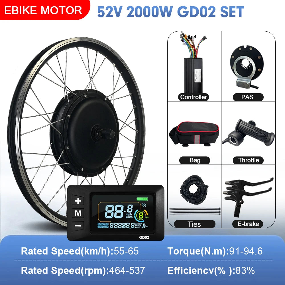 52V 2000W Rear Hub Motor E-Bike Conversion Kit (20"-29")