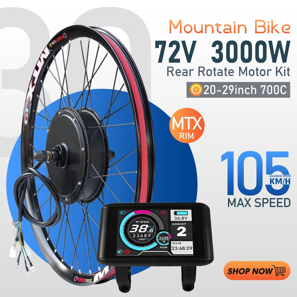 72V 3000W Rear Hub Ebike Conversion Kit – MTX39 Rim, High-Speed Performance