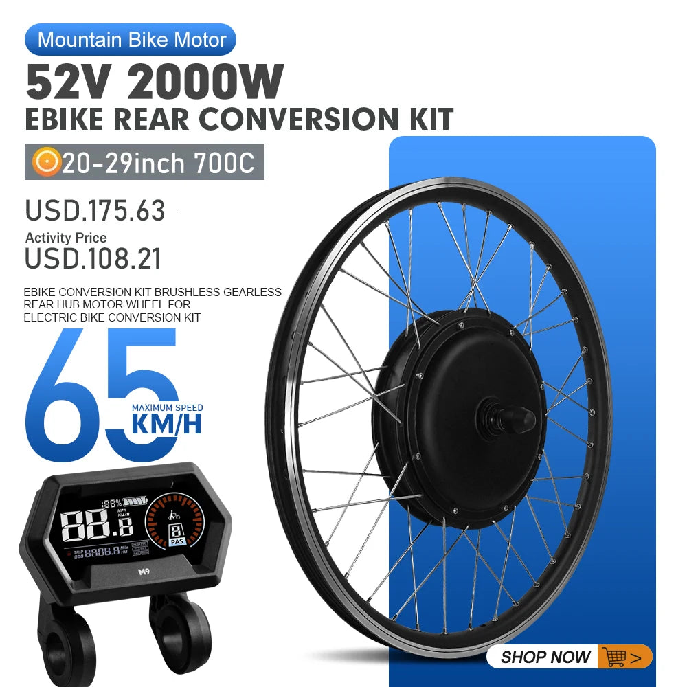 52V 2000W Rear Hub Motor E-Bike Conversion Kit (20"-29")