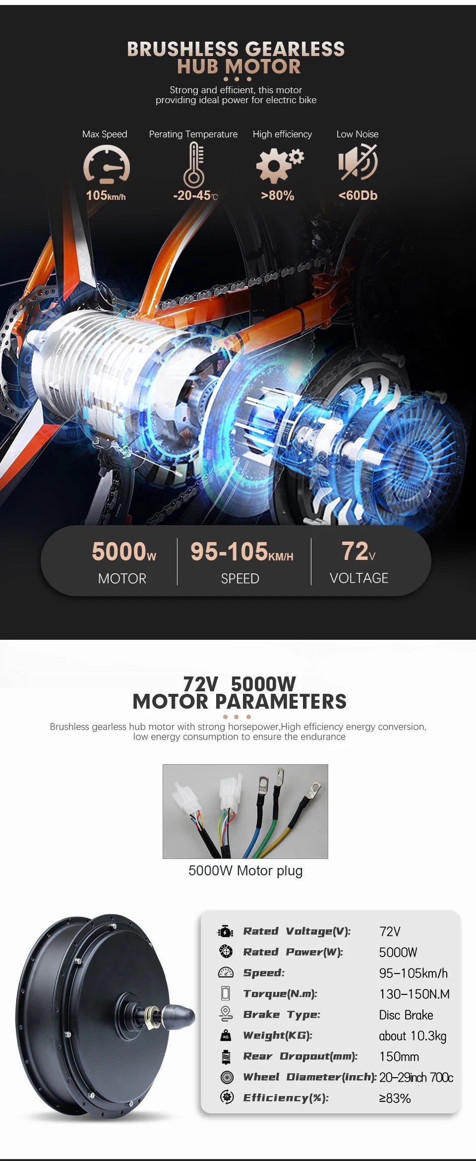 72V 5000W Rear Hub Motor E-Bike Conversion Kit (20"-29")