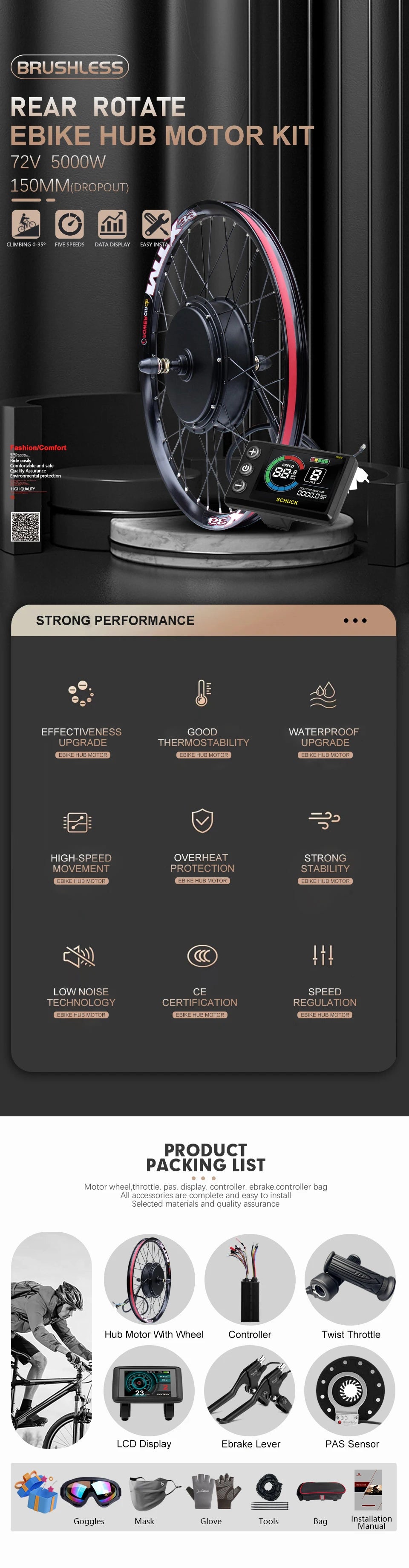 72V 5000W Rear Hub Motor E-Bike Conversion Kit (20"-29")