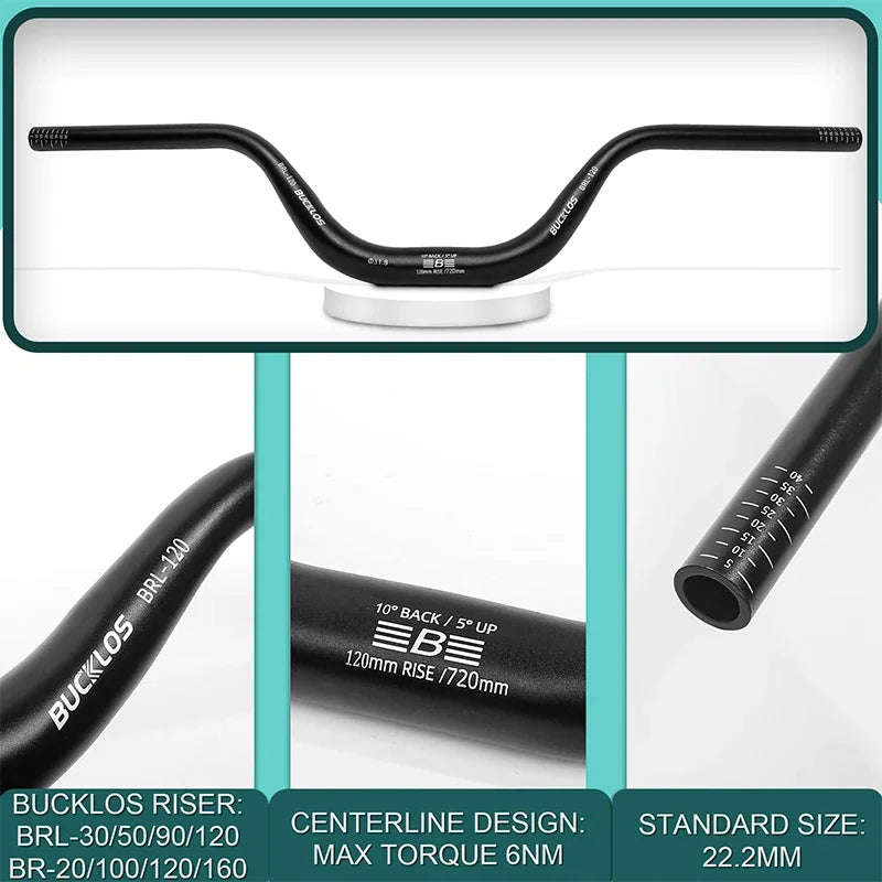 BUCKLOS MTB Riser Handlebar 31.8mm, 720/780mm, 30-120mm Rise, Aluminum Alloy