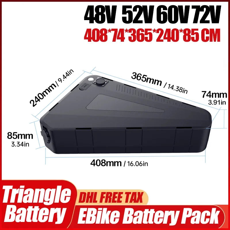 48v 52v 72v Triangle EBike battery 30ah 40ah 50ah 60ah lithium battery 2000w 3000w